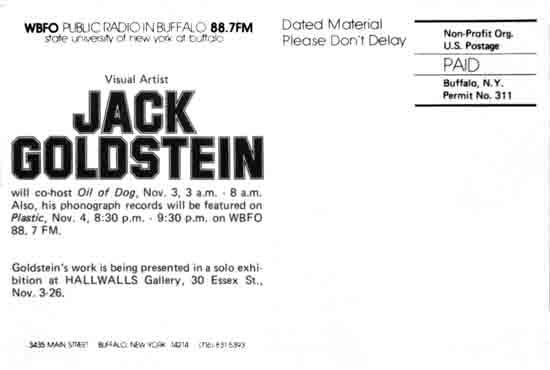 GoldsteinPostcard Postcard issued by Hallwalls to publicize Jack Goldstein's appearance on my show.